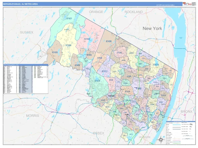 Bergen-Passaic Metro Area ZIP Code Wall Map, ColorCast style