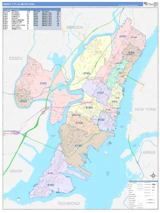 Jersey City Metro Area ColorCast style ZIP Code wall map