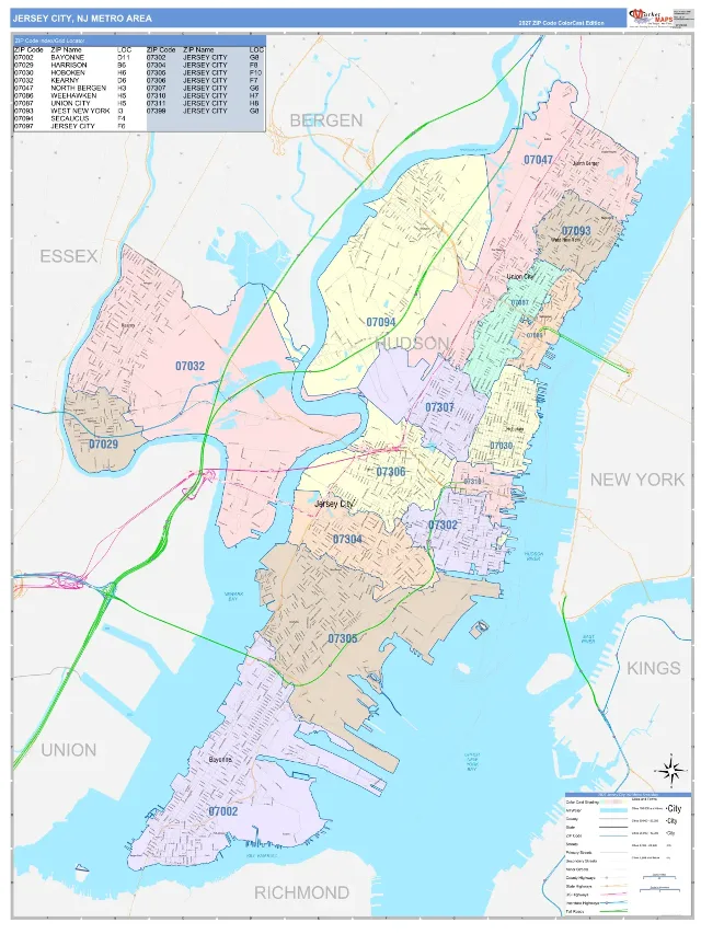 Jersey City Metro Area ZIP Code Wall Map, ColorCast style