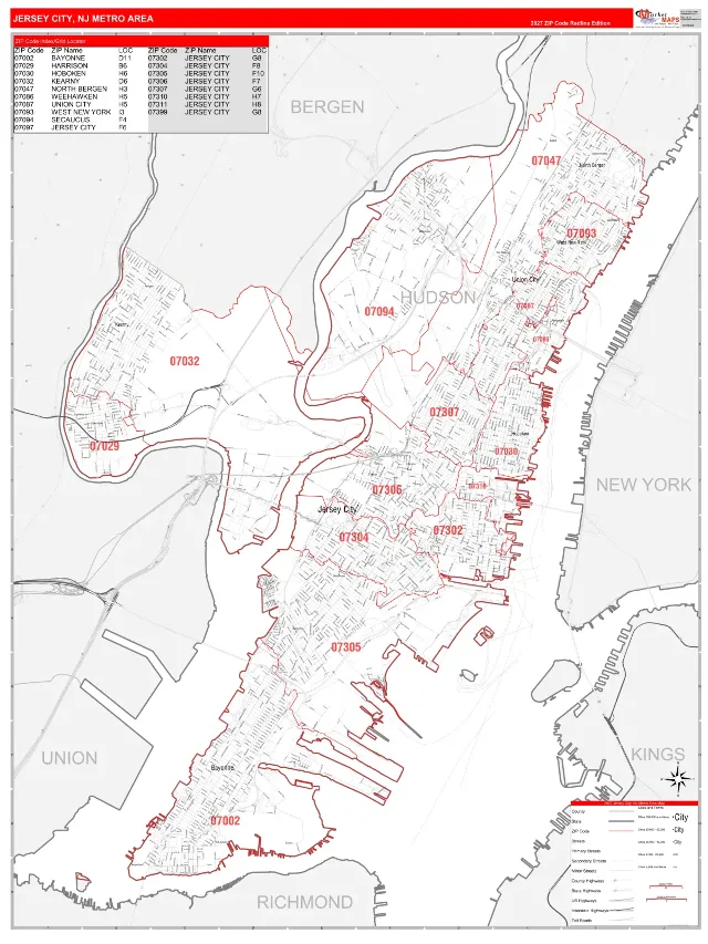 Jersey City Metro Area ZIP Code Wall Map, RedLine style