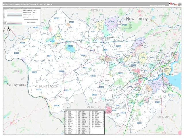 Middlesex-Somerset-Hunterdon Metro Area ZIP Code Wall Map, Classic style