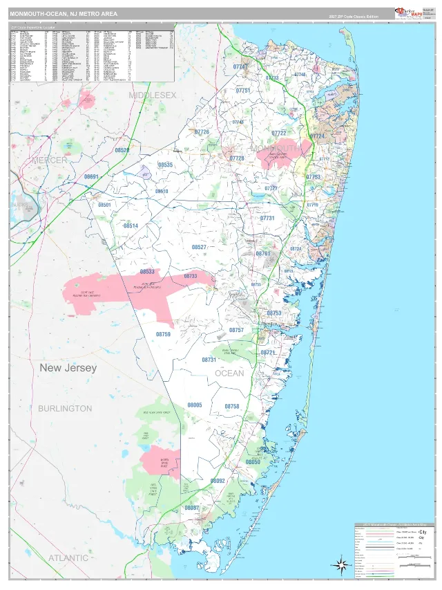 Monmouth-Ocean Metro Area ZIP Code Wall Map, Classic style