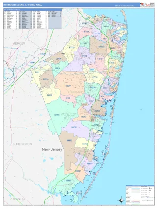 Monmouth-Ocean Metro Area ColorCast style ZIP Code wall map