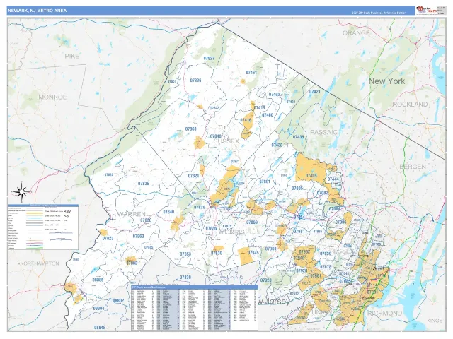 Newark Metro Area ZIP Code Wall Map, Business Reference style