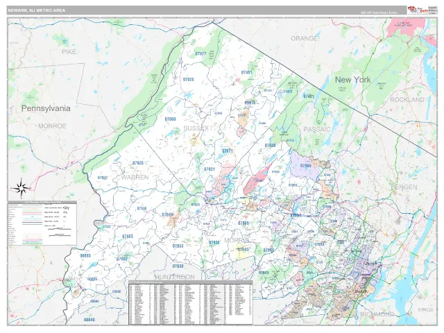 Newark Metro Area ZIP Code Wall Map, Classic style