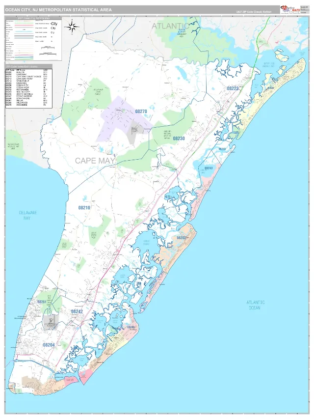 Ocean City Metro Area ZIP Code Wall Map, Classic style