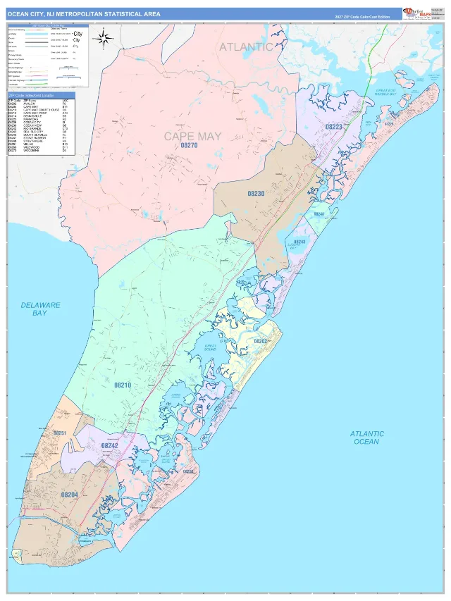 Ocean City Metro Area ZIP Code Wall Map, ColorCast style