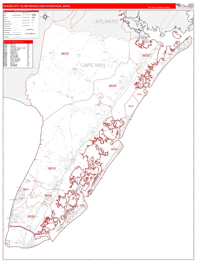 Ocean City Metro Area ZIP Code Wall Map, RedLine style