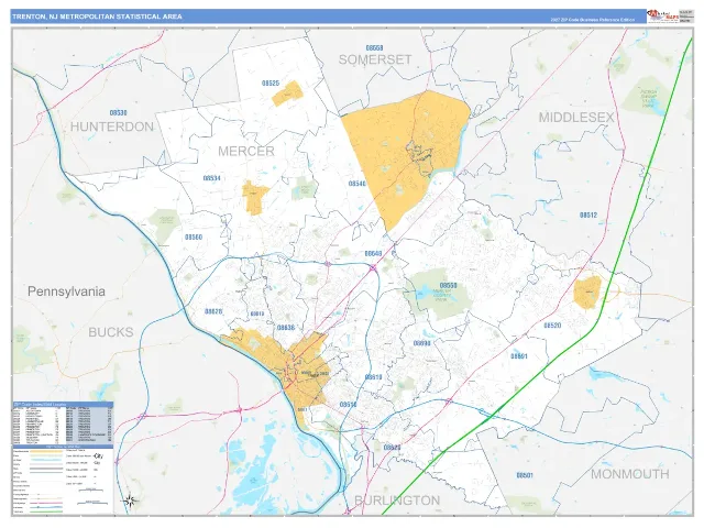 Trenton Metro Area ZIP Code Wall Map, Business Reference style