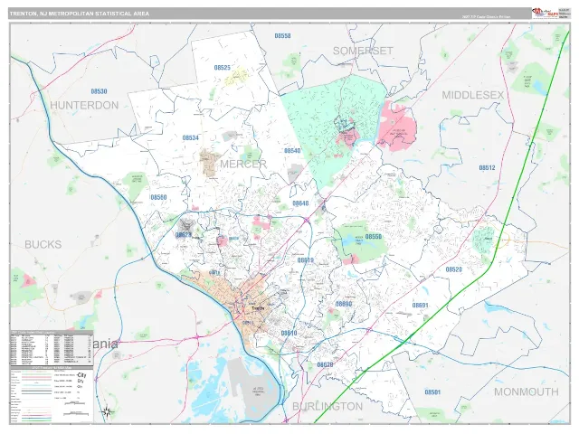 Trenton Metro Area ZIP Code Wall Map, Classic style