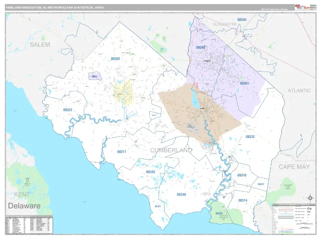 Vineland-Bridgeton Metro Area ZIP Code Wall Map, Classic style