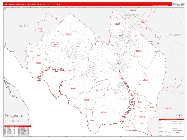 Vineland-Bridgeton Metro Area ZIP Code Wall Map, RedLine style
