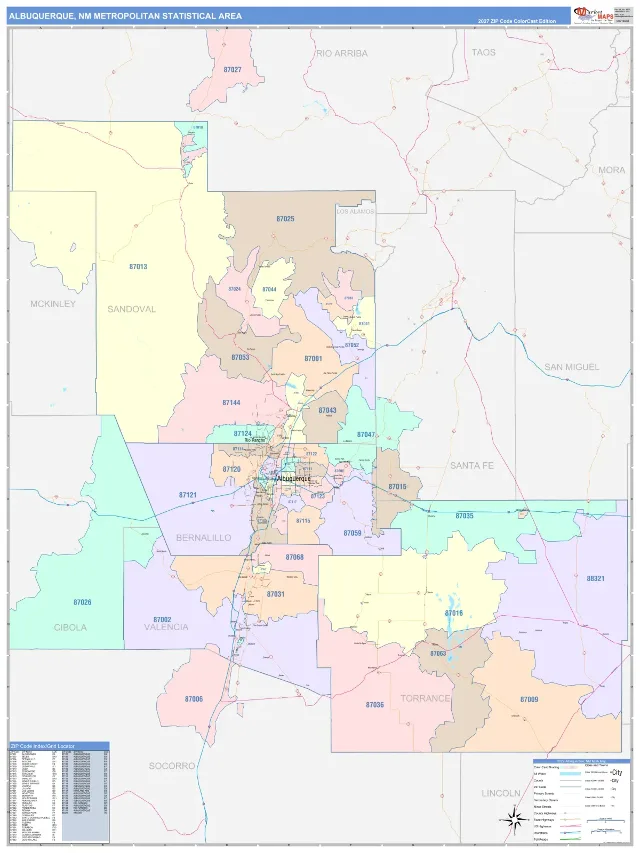 Albuquerque Metro Area ZIP Code Wall Map, ColorCast style
