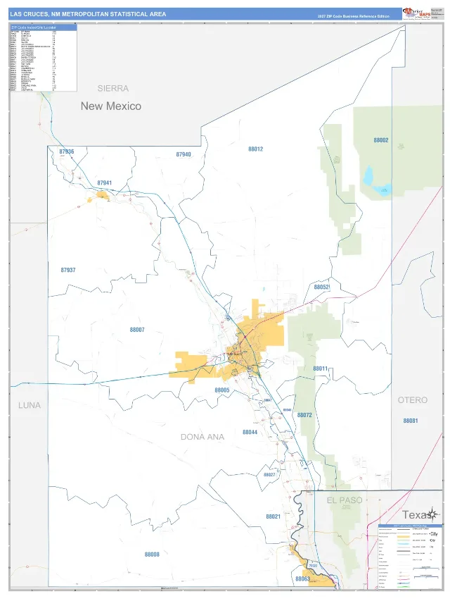Las Cruces Metro Area ZIP Code Wall Map, Business Reference style