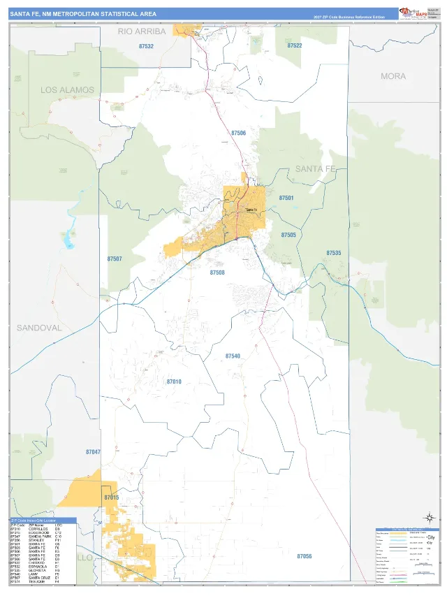 Santa Fe Metro Area ZIP Code Wall Map, Business Reference style