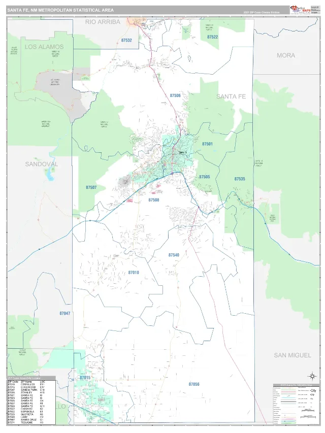 Santa Fe Metro Area ZIP Code Wall Map, Classic style