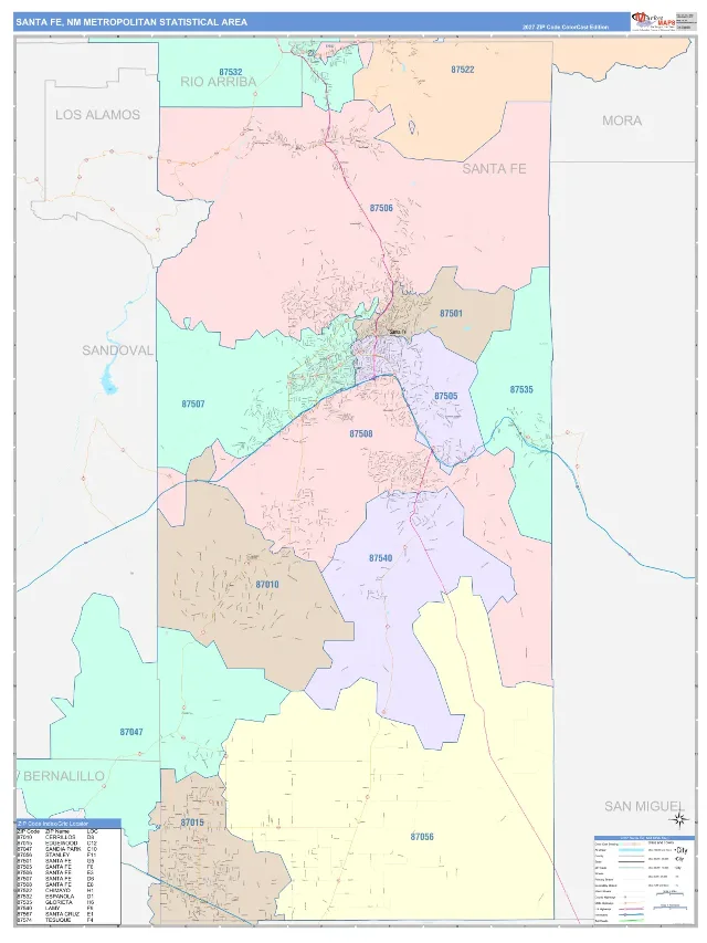 Santa Fe Metro Area ZIP Code Wall Map, ColorCast style