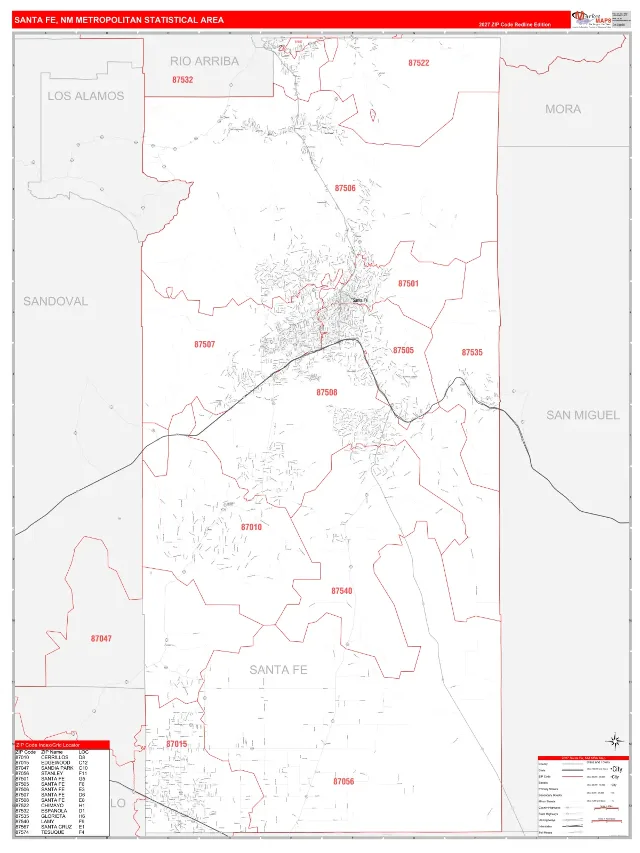 Santa Fe Metro Area ZIP Code Wall Map, RedLine style
