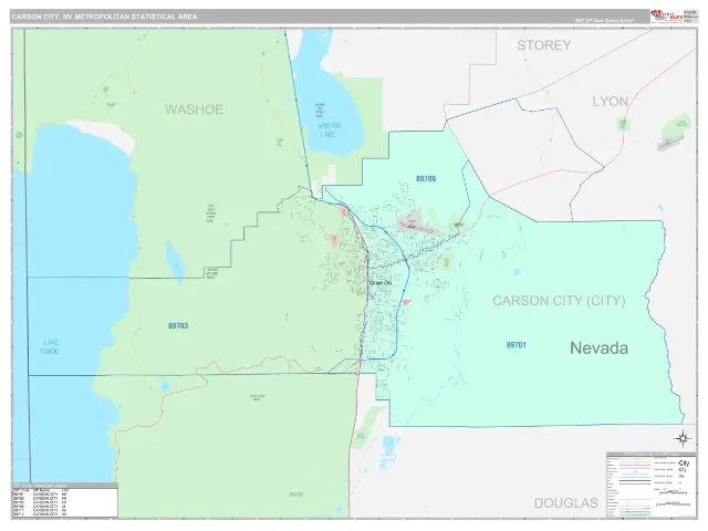 Carson City Metro Area ZIP Code Wall Map, Classic style