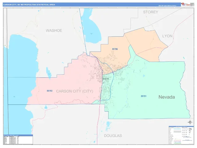 Carson City Metro Area ZIP Code Wall Map, ColorCast style