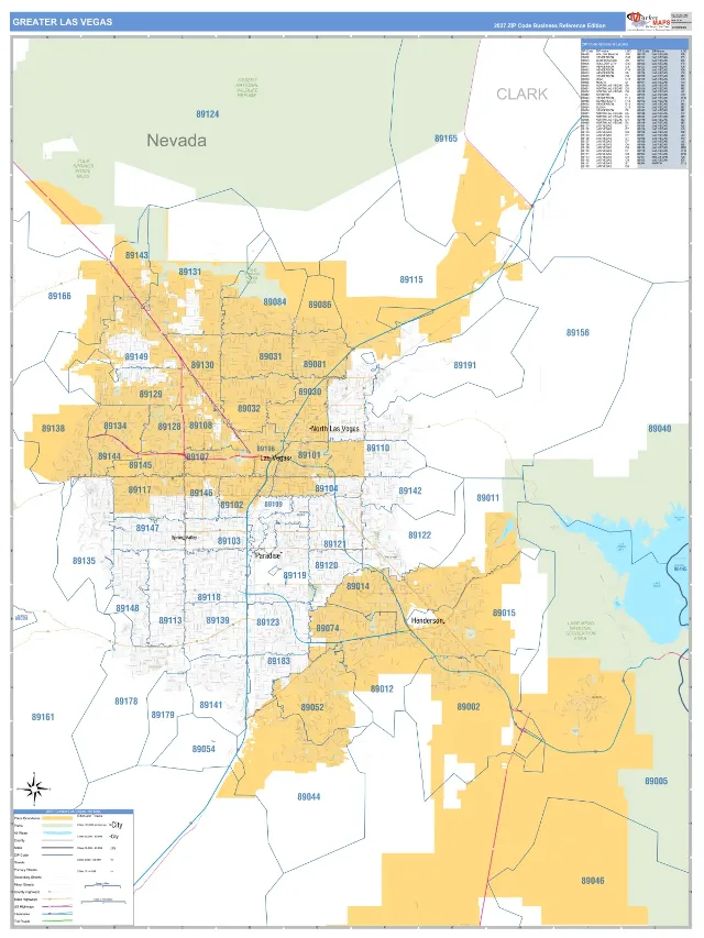 Greater Las Vegas Metro Area ZIP Code Wall Map, Business Reference style