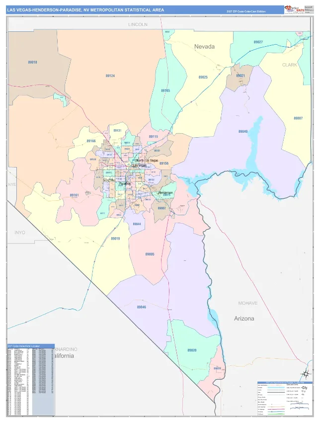 Las Vegas-Henderson-Paradise Metro Area ZIP Code Wall Map, ColorCast style