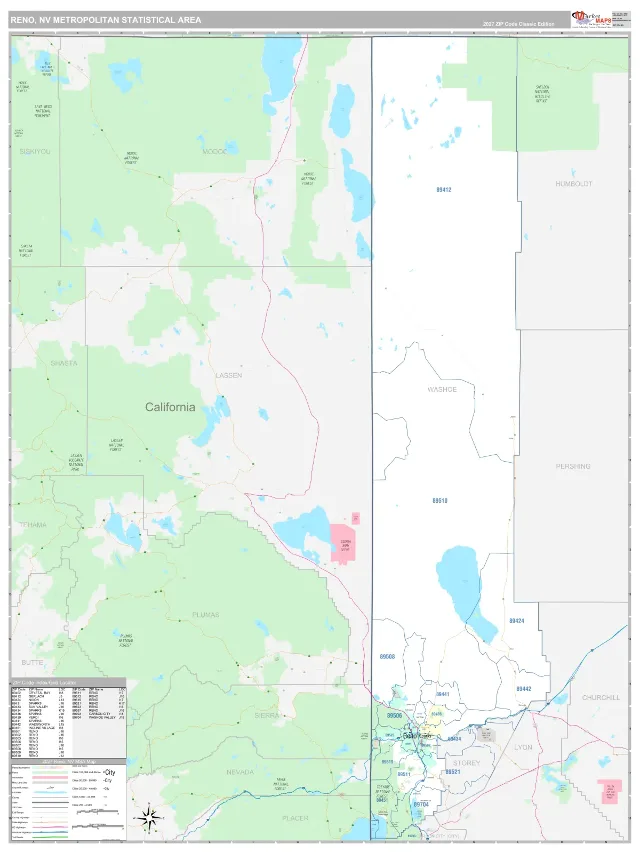 Reno Metro Area ZIP Code Wall Map, Classic style