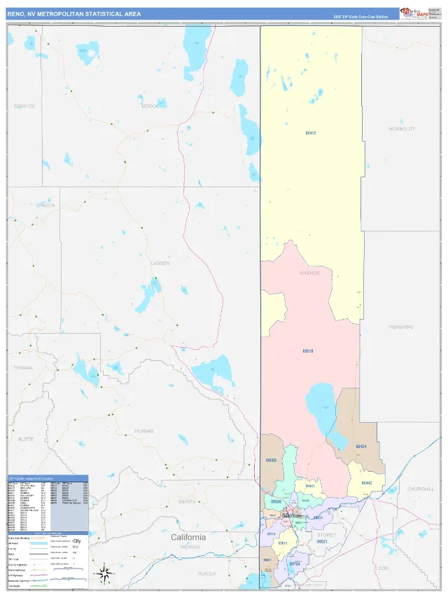 Reno Metro Area ZIP Code Wall Map, ColorCast style