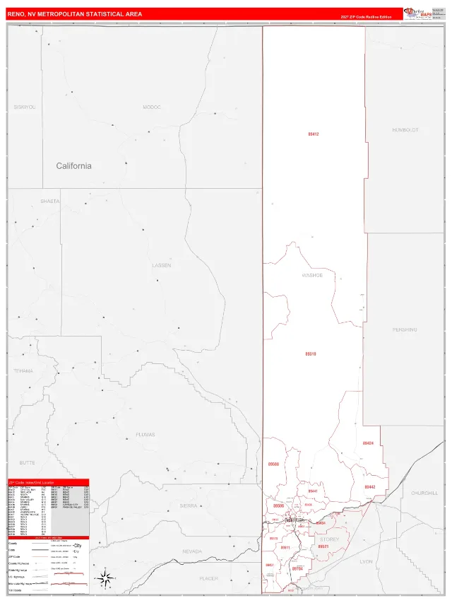 Reno Metro Area ZIP Code Wall Map, RedLine style