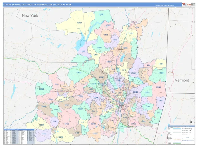 Albany-Schenectady-Troy Metro Area ZIP Code Wall Map, ColorCast style