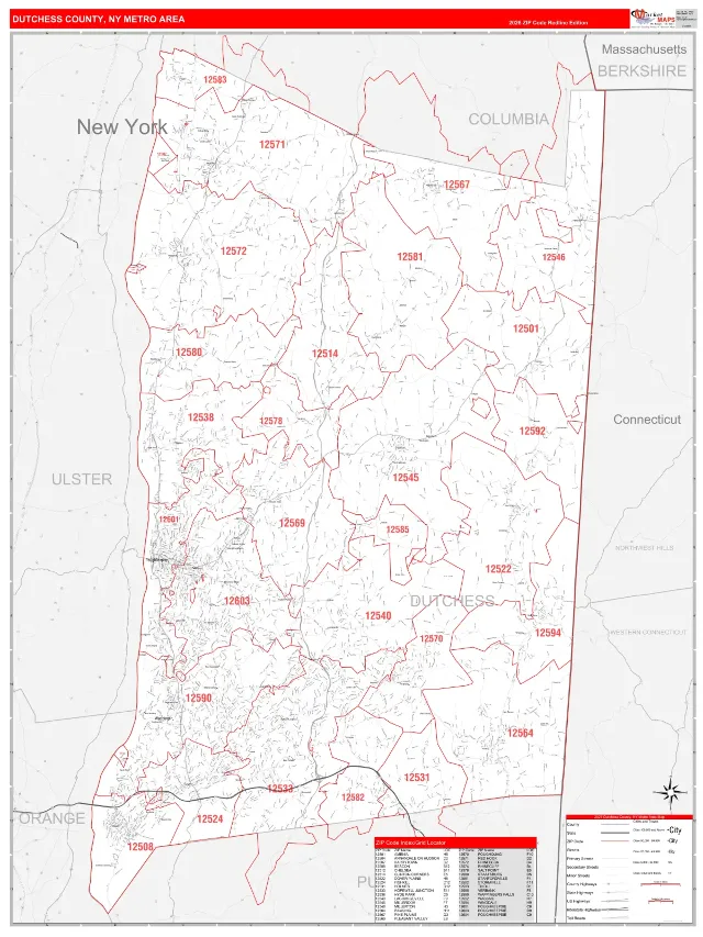 Dutchess County Metro Area ZIP Code Wall Map, RedLine style