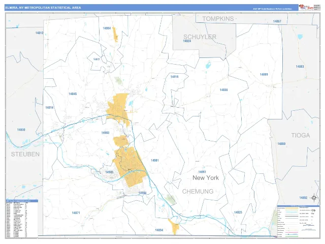 Elmira Metro Area ZIP Code Wall Map, Business Reference style