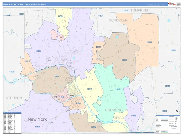 Elmira Metro Area ZIP Code Wall Map, ColorCast style