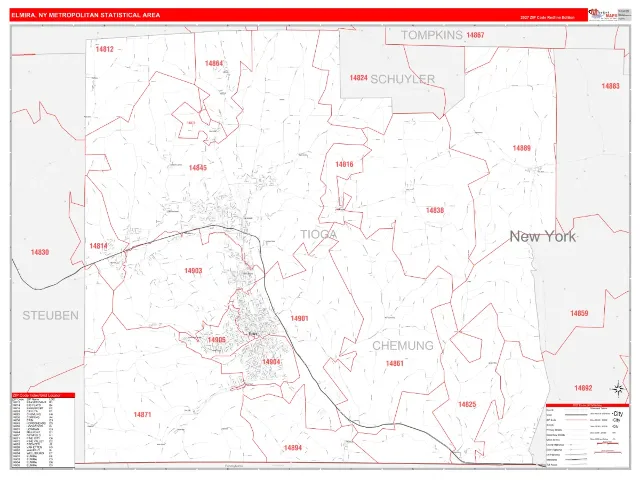 Elmira Metro Area ZIP Code Wall Map, RedLine style