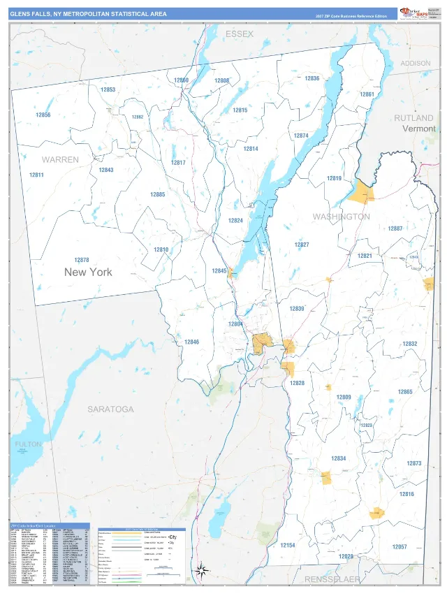Glens Falls Metro Area ZIP Code Wall Map, Business Reference style