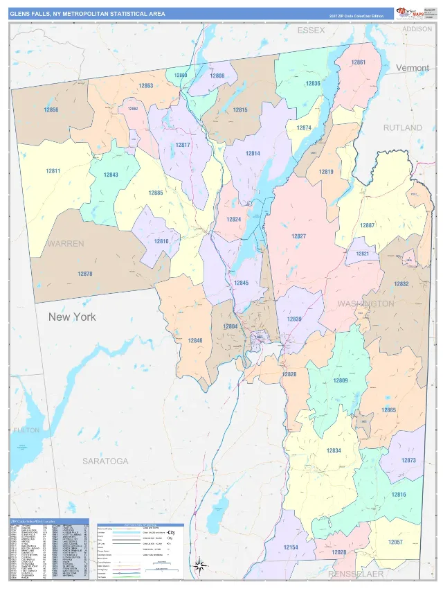 Glens Falls Metro Area ZIP Code Wall Map, ColorCast style