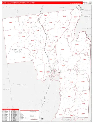Glens Falls Metro Area RedLine style ZIP Code wall map