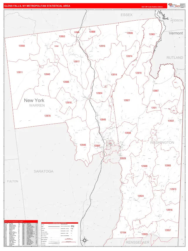 Glens Falls Metro Area ZIP Code Wall Map, RedLine style