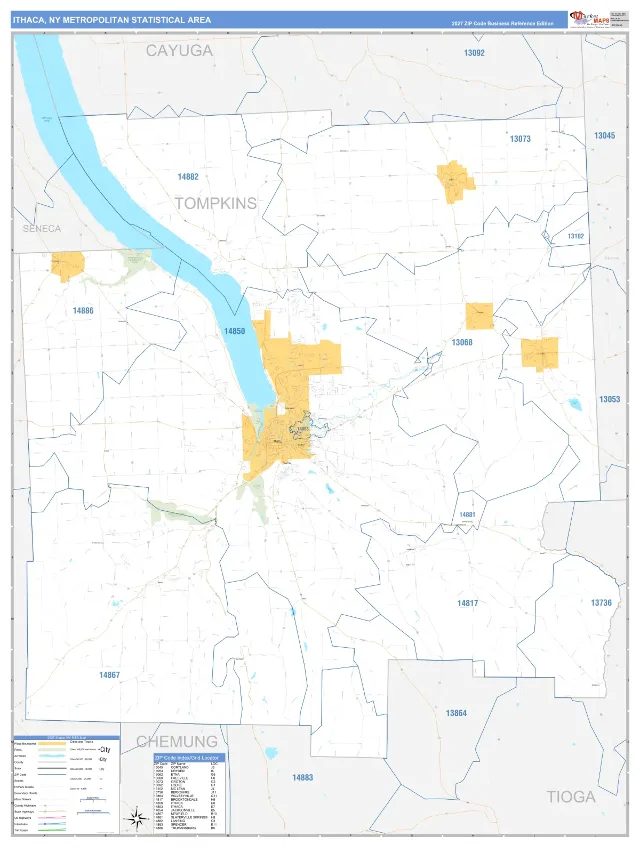 Ithaca Metro Area ZIP Code Wall Map, Business Reference style
