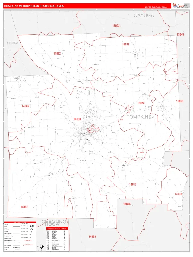 Ithaca Metro Area ZIP Code Wall Map, RedLine style