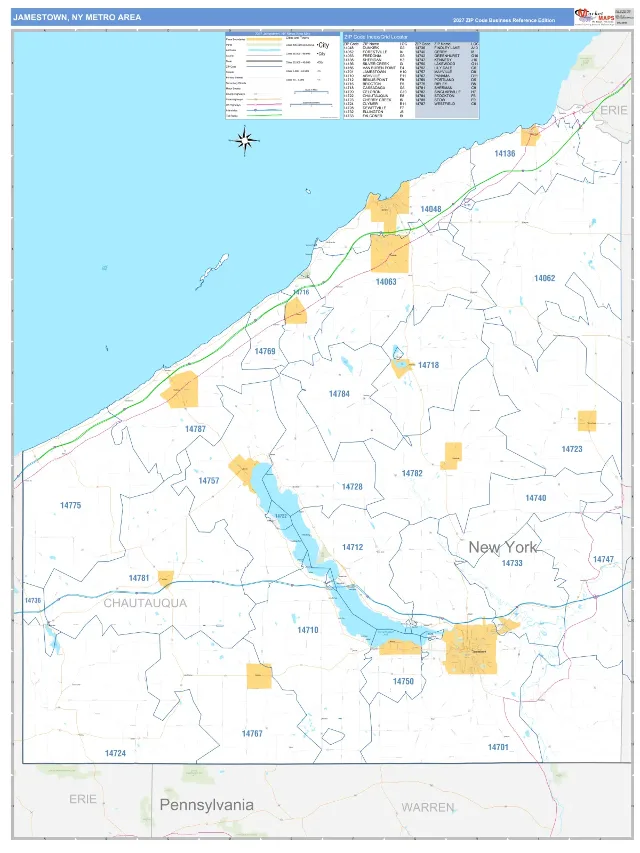 Jamestown Metro Area ZIP Code Wall Map, Business Reference style