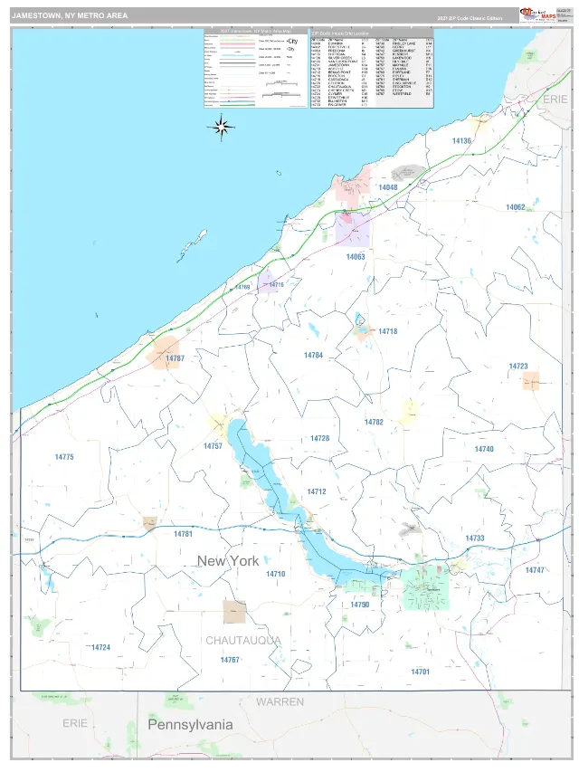 Jamestown Metro Area ZIP Code Wall Map, Classic style