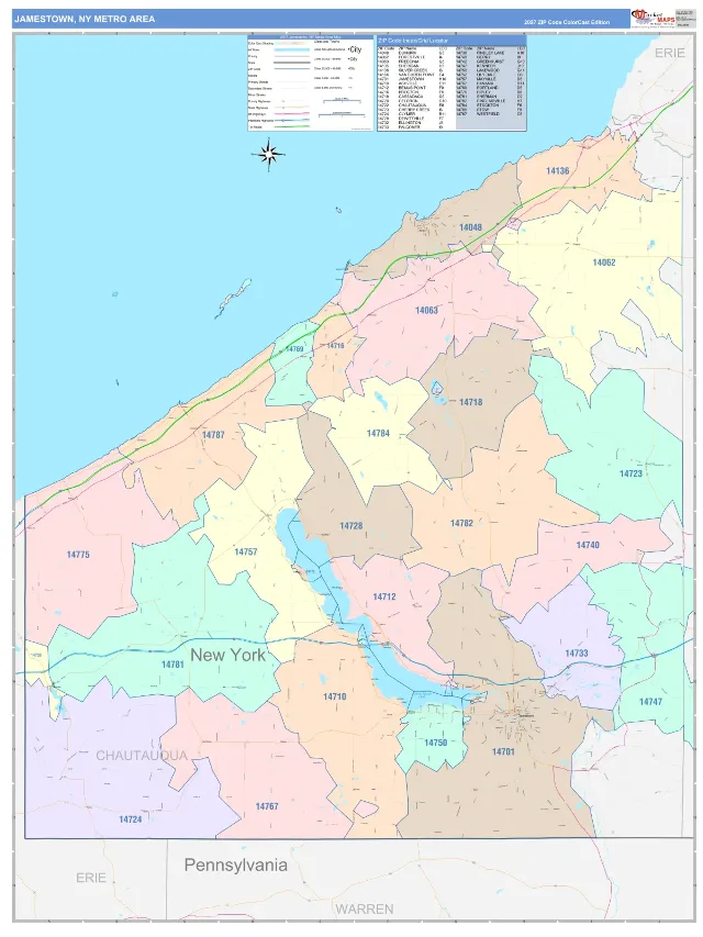 Jamestown Metro Area ZIP Code Wall Map, ColorCast style