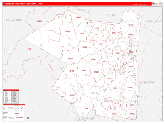 Kingston Metro Area ZIP Code Wall Map, RedLine style