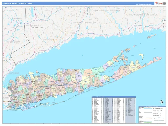 Nassau-Suffolk Metro Area ZIP Code Wall Map, ColorCast style
