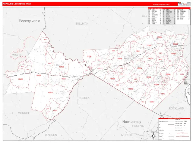 Newburgh Metro Area ZIP Code Wall Map, RedLine style