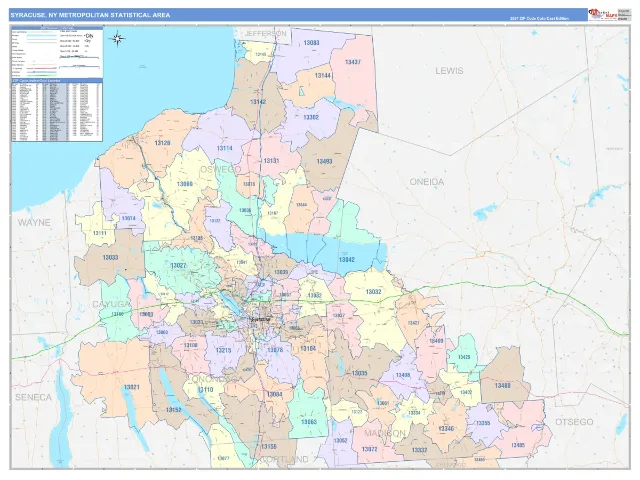 Syracuse Metro Area ZIP Code Wall Map, ColorCast style