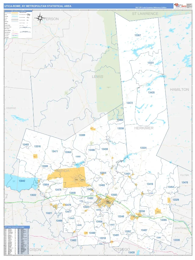 Utica-Rome Metro Area ZIP Code Wall Map, Business Reference style