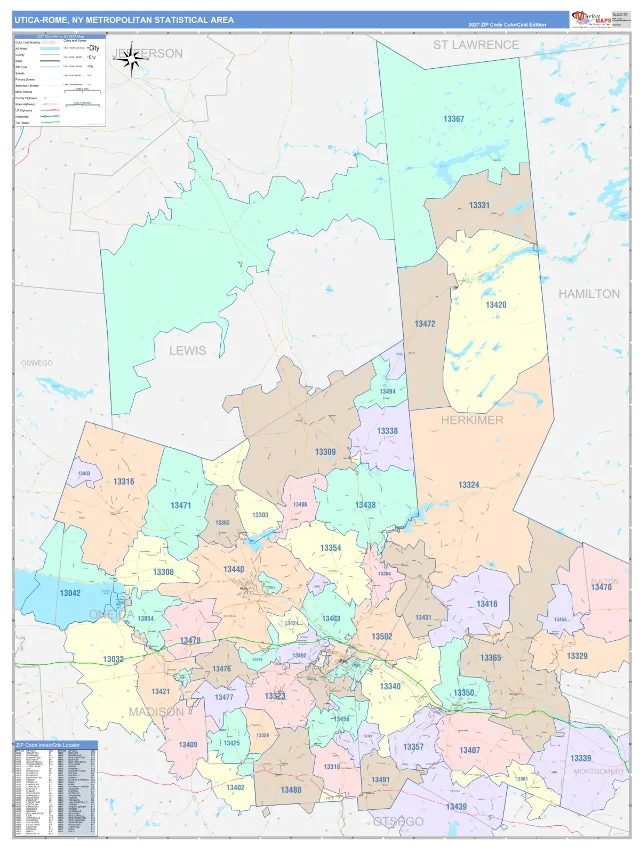 Utica-Rome Metro Area ZIP Code Wall Map, ColorCast style