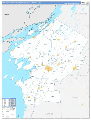 Watertown-Fort Drum Metro Area Business Reference style ZIP Code wall map
